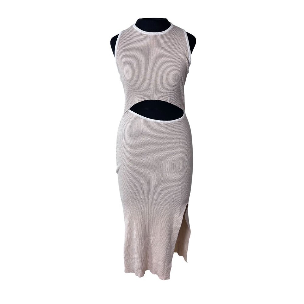 Sleeveless Ribbed Midi Dress With Cutout Waist Side Slit & Contrast Trim In Beig